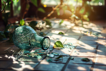 Shattered glass vase lies on a tiled floor. Accidental damage