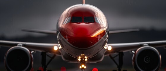 Poster -  A tight shot of a red and white jet airliner on a runway against dark clouds as background