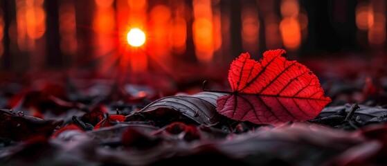 Poster -  A red leaf atop a forested mound of leaves, sunbacked