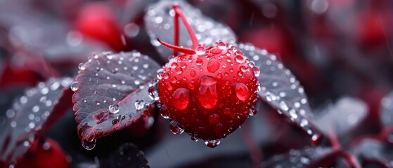 Sticker -  A red berry sits atop a green leaf, glistening with water droplets, near a leafy plant