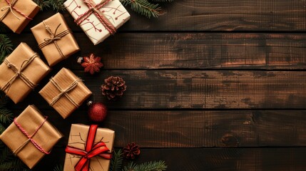 Poster - Wooden background with gift boxes for holidays blank space for text