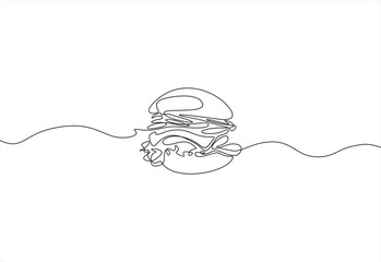 Wall Mural - Continuous one line drawing of burger. Single line drawing of hamburger . Silhouette of fast food restaurant burger with cheese, cutlet and salad. Modern design street food logo, banner