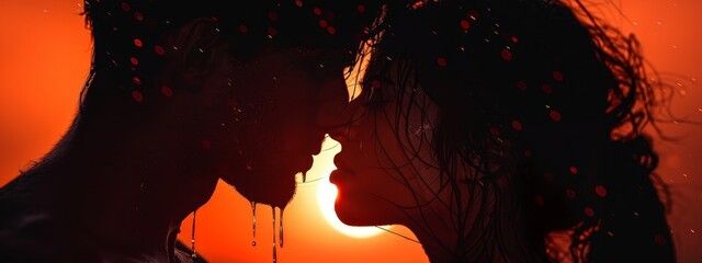 Canvas Print -  A silhouetted couple kisses, sun behind, faces dotted with raindrops; hair billows in windy air