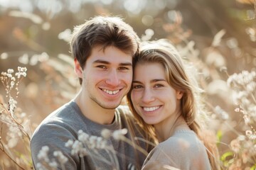 Wall Mural - Portrait of a blissful caucasian couple in their 20s sporting a long-sleeved thermal undershirt on bright spring meadow