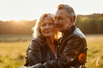 Wall Mural - Portrait of a tender couple in their 50s sporting a classic leather jacket isolated on bright spring meadow