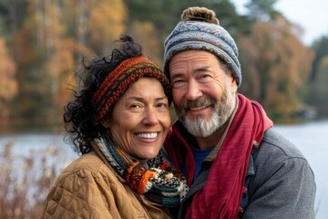 Wall Mural - Portrait of a joyful multicultural couple in their 40s donning a warm wool beanie isolated on serene lakeside view
