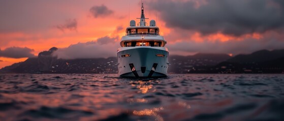 Wall Mural -  A sizeable vessel floats in the midst of a water body as the sun sets, casting an orange glow over the surface Clouds scatter the azure sky above