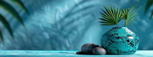 Poster -  A blue vase atop a table, holding rocks, and hosting a green, leafy plant