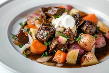 Wall Mural - Irish Stout Marinated Double Jack Stew with Hanger Steak and Vibrant Vegetables