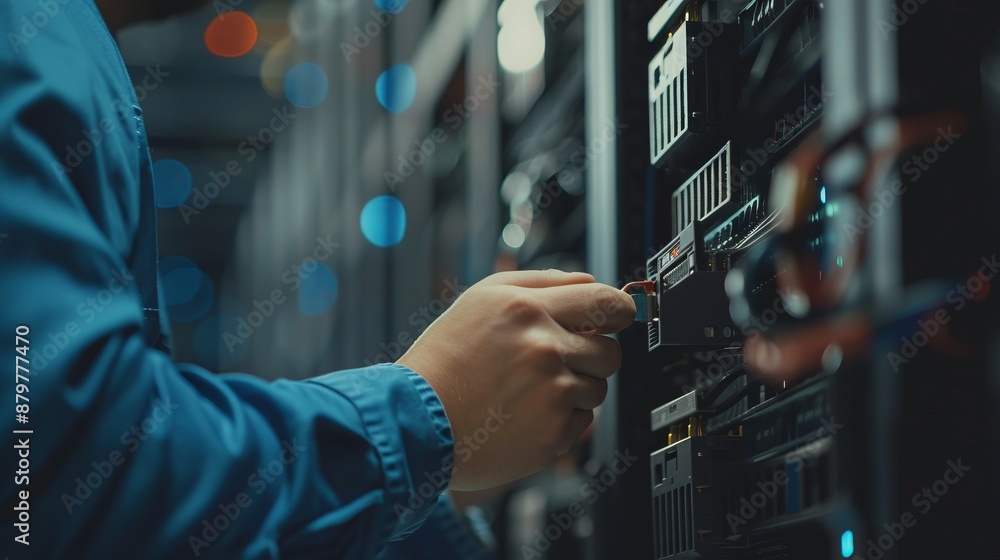 An IT specialist in a blue uniform is working diligently on a server ...