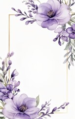 Postcard, letterhead with lavender flowers, lavender fields, on white background and rectangular frame, invitation card for wedding, celebration, template, watercolor style