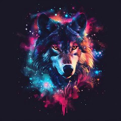 Canvas Print - Colorful galaxy and wolf illustration