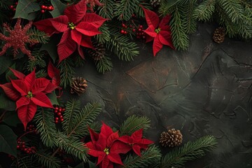 Wall Mural - A close-up overhead view of a beautifully arranged table centerpiece featuring red poinsettia flowers, pine branches, and red berries