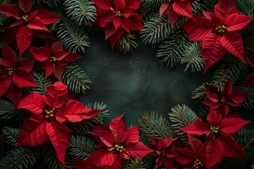 Wall Mural - A close-up overhead view of a festive table centerpiece featuring a frame of bright red poinsettia flowers and fresh pine branches, set against a dark green background