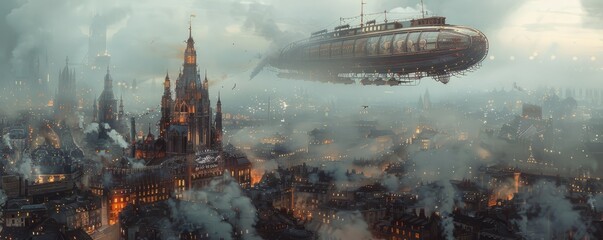 Wall Mural - A steampunk airship soaring through a smog-filled Victorian city.