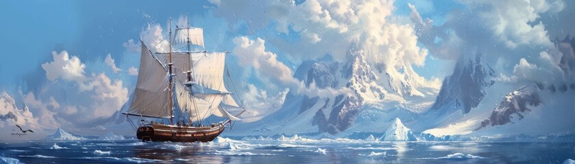 Wall Mural - snowcovered ship sailing through a snowy sea, merging maritime resilience with winter chill, vivid a