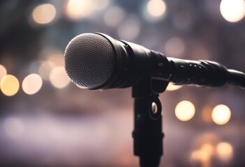 Wall Mural - microphone scene stage show music sound light entertainment concert spotlight design musical background rock vocal bright night blue smoke pop theatre mic radio record studio retro