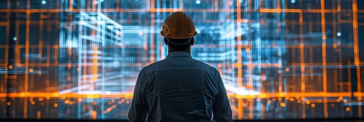 Engineer wearing a safety helmet analyzing futuristic digital screens, technology and innovation concept illustration.