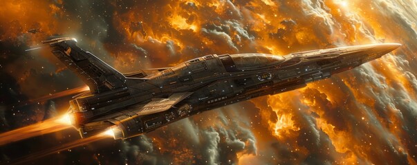 Wall Mural - A photorealistic depiction of a sleek spaceship soaring through a nebula, its engines glowing and its hull reflecting the stars.