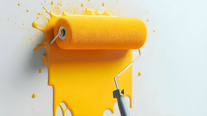  Abstract image of a yellow paint roller paints the wall of a white house in a modern yellow color