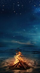 Canvas Print - Campfire on the beach under a starry night.