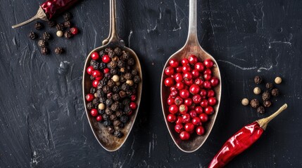 Wall Mural - Black and red pepper on spoons against dark background