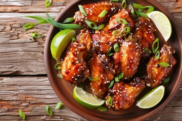 Sticker - Asian fast food chicken wings in hoisin sauce with sesame seeds green onion and lime on plate Top view