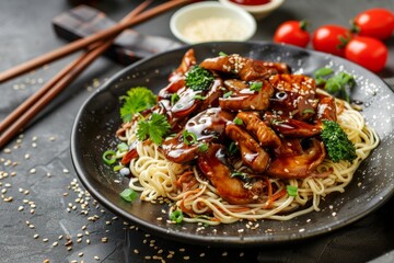 Sticker - Asian inspired dish fried oyster mushrooms with soy sauce noodles on dark table