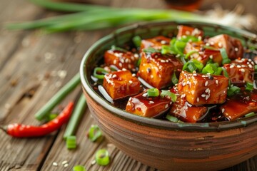 Canvas Print - Asian inspired vegetarian dish with tofu in teriyaki sauce green onions chili peppers and sesame seeds promoting healthy eating