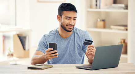 Aufkleber - Desk, online and man with card, cellphone and ecommerce for businessman, digital and smile in office. Remote work, shopping and purchase of subscription, table and software of web designer in house