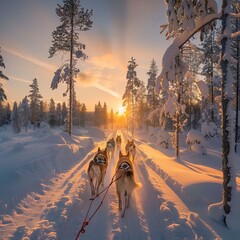 Wall Mural - Huskey dogs sledge safari ride at sunset in winter wonderland 