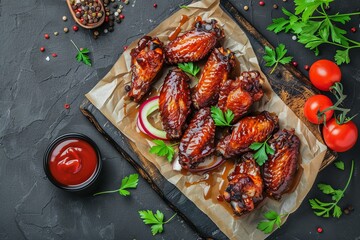 Poster - Barbecue and tomato sauce glazed chicken wings with veggies on rustic table