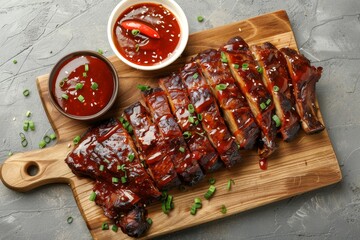 Poster - Barbecued pork cheek steak with chilli sauce on wooden board top view of Hong Kong fast food grey background