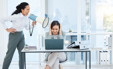 Wall Mural - Woman, megaphone and anxiety in stress, worker or mental health for deadline on tech. Female person, overwhelmed and frustrated with exhausted, overworked and tired in job as market research analyst