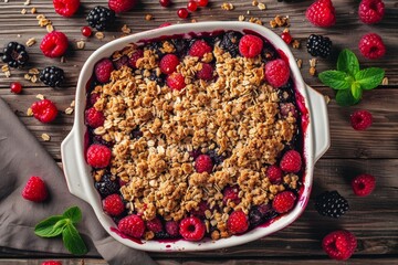 Poster - Berry crumble in baking dish on wooden background top view