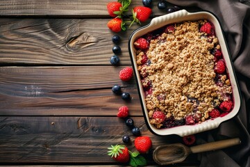 Sticker - Berry crumble on wooden background viewed from top with baking dish