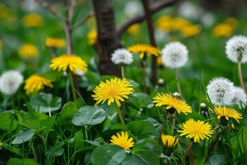 Poster - Blooming yellow dandelions and white cherry or apple flowers in green grass garden on sunny spring day close up