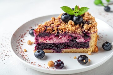 Wall Mural - Blueberry crumble cake on white plate