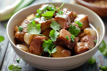 Wall Mural - Braised pork belly with onion and soy sauce topped with cilantro Stir fried pork in oyster sauce Asian dish