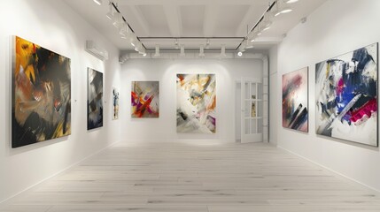 Wall Mural - A contemporary art gallery with crisp white walls, featuring a selection of abstract paintings, each illuminated by soft, focused spotlights.