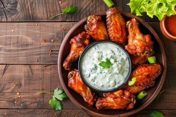 Sticker - Buffalo wings with blue cheese dip on wooden surface