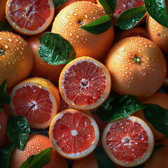 Wall Mural - Fresh and Juicy Grapefruits with Dewy Leaves in a Vibrant Display