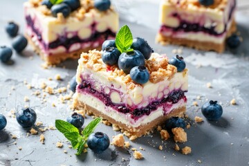 Poster - Cheesecake bars with blueberry filling fresh blueberries and streusel on concrete background Selective focus