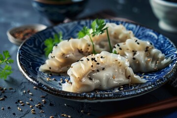 Canvas Print - Chicken and vegetable Gyoza with front view Dark blue background