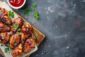 Sticker - Chicken wings baked with sesame seeds and sweet chili sauce on wood board