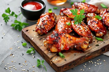 Sticker - Chicken wings with sesame seeds and sweet chili sauce on white board