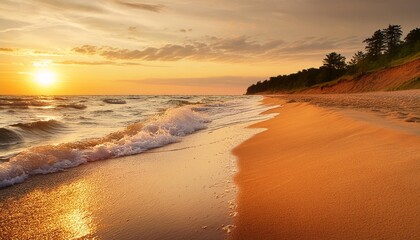 Wall Mural - golden sunset on a wide sandy beach along the coast of lake michigan as waves crash onto the shore