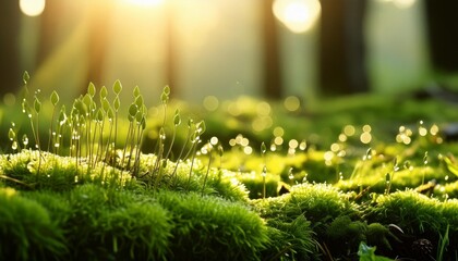 Poster - close up image of fresh green moss and tiny dew drops illuminated by soft morning sunlight conveying a sense of growth and renewal