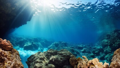 Wall Mural - underwater sea deep water abyss with blue sun light