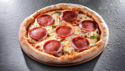 Canvas Print - flatbread pepperoni pizza with mozzarella cheese salami tomato sauce pepper spices italian pizza on dark grey black slate background